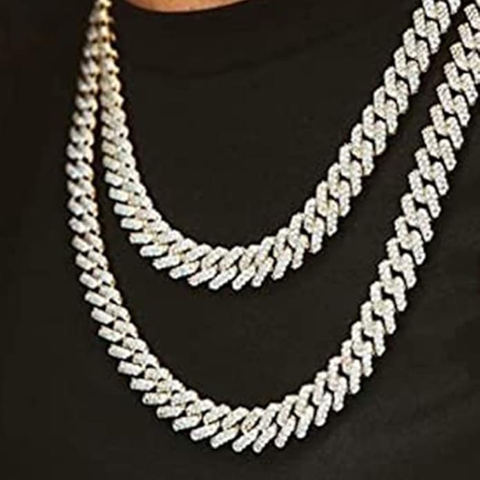 EMESLY Miami Cuban Link Chain 14K Gold Plated Necklace (16, 18, 20, 22, 24, 30 Inches Length); Hip Hop Bracelet (8" Length) for Men & Women; Perfect Iced Out Bling Jewelry Gift