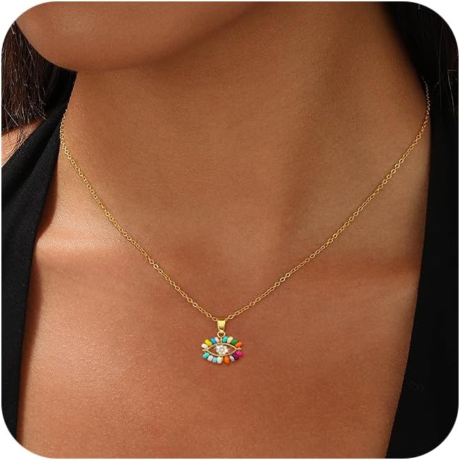 Evil Eye Necklace for Women,Dainty 14K Gold/Sterling Silver Plated Evil Eye Pendant Necklace Tiny Boho CZ Diamond Necklace Cute Trendy Lucky Protection Jewelry Gift for Women
