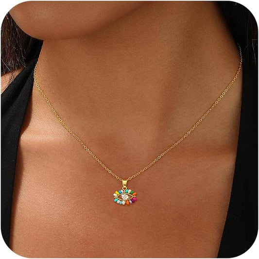 Evil Eye Necklace for Women,Dainty 14K Gold/Sterling Silver Plated Evil Eye Pendant Necklace Tiny Boho CZ Diamond Necklace Cute Trendy Lucky Protection Jewelry Gift for Women
