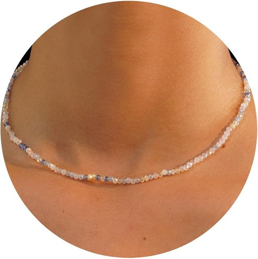 JSJOY Tiny Crystal Beaded Choker Necklaces for Women Colorful Beaded Necklace Dainty Choker Necklaces Simple Boho Jewelry Gifts for Teens Handmade Bead Necklaces Gifts