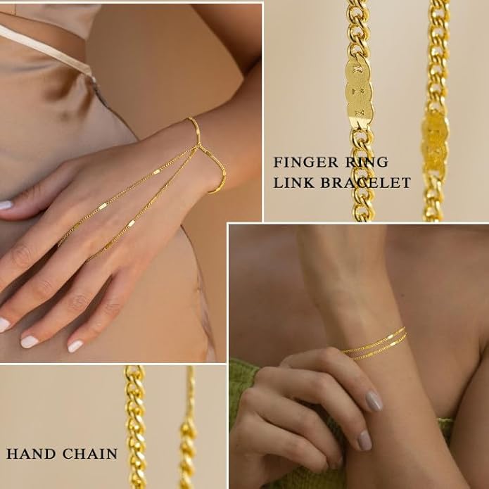 Yoosteel Hand Chain Bracelet for Women - Dainty 14K-Gold-Plated Finger Ring Hand Chains Layered Trendy Link Bracelets Jewelry Gifts for Women