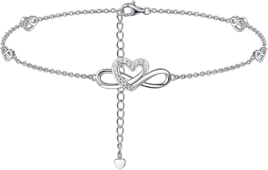 Moissanite Infinity Anklet for Women, Real Authentic 925 Sterling Silver Hypoallergenic, Beautiful Summer Jewelry, Dainty Ankle Bracelet, 8.6-10.6inch (21-26cm) Adjustable