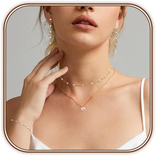 Zeffy Gold Pearl Necklace for Women, Dainty 14K Gold/Silve Plated Layered Pearl Choker Pearl Earrings Pearl Bracelets Wedding Trendy Gold Jewelry Set for Women Gifts