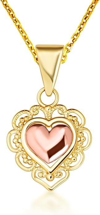Claddagh Gold 10K or 14K Two-Tone Gold Heart Filigree Pendant Necklace Stud Earrings Set