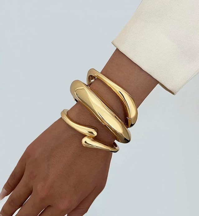 Chunky Gold Bangle Bracelets for Women, Dainty 14k Gold Plated Big Stackable Bangles Set, Trendy Statement Cuff Bracelet Stack Fashion Jewelry Gifts