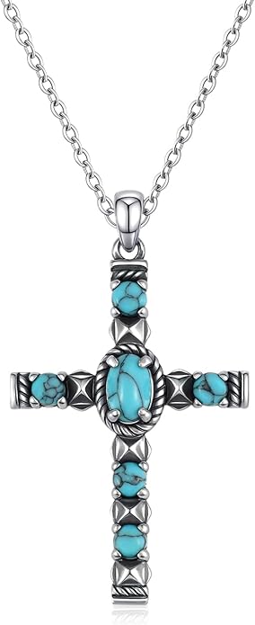 Turquoise Cross Necklace for Women, 925 Silver Western Bohemian Vintage healing Necklace, Faith Spiritual Boho Jewelry, Christian Religious Christmas Birthday Gift for Wife Girlfriend Mom