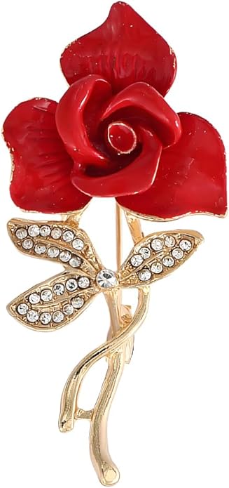 QLUYCKW Rose Flower Brooch Pin for Women Fashion Dainty Gold Plated 3D Red Roses Floral Crystal Brooch Pin Birthday Dress Suit Accessories Jewelry