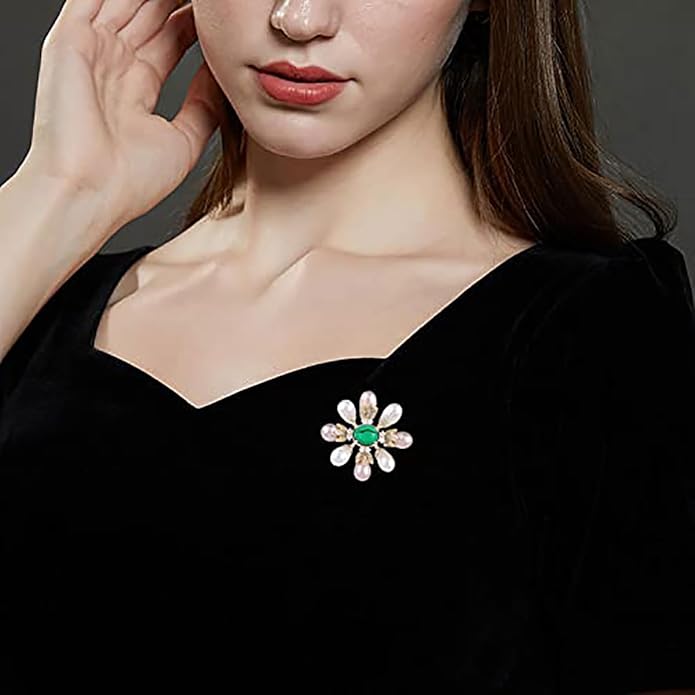 14K Gold Handcrafted Emerald Brooch with Moissanite and Freshwater Pearls - Vintage Style Floral Corsage, Fashion Coat Accessory Gift