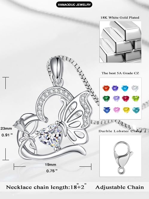 Birthstone Heart butterfly Necklace for Women, Infinity Pendant 14K Gold /18K White Gold Womens Necklaces, Jewelry Anniversary Birthday Christmas Gifts for Her Mom Wife﻿