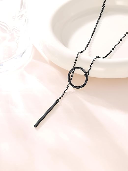 FOCALOOK Long Necklaces for Women 14K Gold Plated Dainty Drop Bar Pendant Lariat Y-Shaped Necklace Earring Set 28inch/73cm