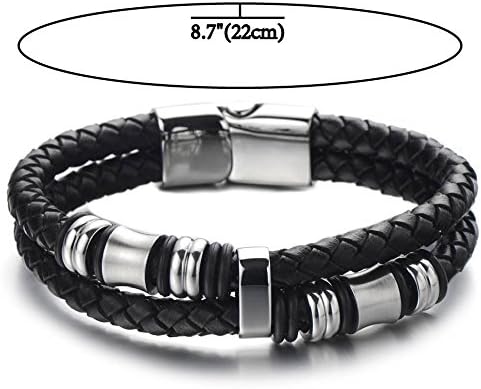 COOLSTEELANDBEYOND Mens Double-Row Braided Leather Bracelet Bangle Wristband with Stainless Steel Ornaments