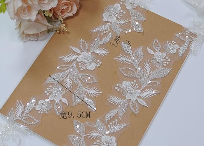 G-RUI 2yard Sequins Beaded Flower Embroidery lace Appliques for Wedding Dresses Rhinestone Applique Patches lace Trims parches ropa (Off White) (P3403A)