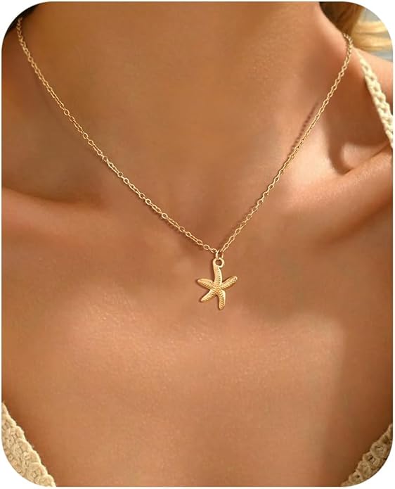 Shell Necklace for Women,14k Gold Plated Layered Starfish Conch SeaShell Pearl Pendant Charm Necklace,Non Tarnish Adjustable Stainless Steel Chain Stack Jewerly for Summer Beach Vacation