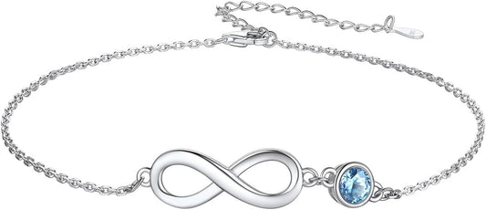 Custom4U Personalized Infinity Ankle Bracelets for Women 925 Sterling Silver Anklet Bracelet Endless Love Symbol Birthstone Charm Adjustable Foot Chain Jewelry Mothers Day Gifts for Mom Wife Women Her