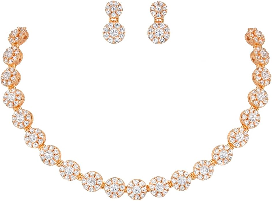 Nilu's Collection Rose Gold Plated American Diamond Stone Studded Anti Tarnish Jewellery Set for Women with Earrings| Luxury AD Necklace Gift Set for Women| Anti Tarnish| For Special Ocassion