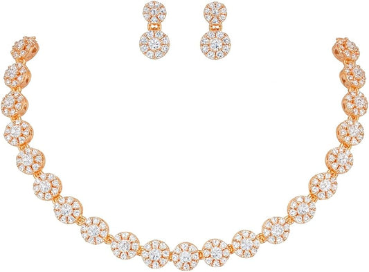 Nilu's Collection Rose Gold Plated American Diamond Stone Studded Anti Tarnish Jewellery Set for Women with Earrings| Luxury AD Necklace Gift Set for Women| Anti Tarnish| For Special Ocassion