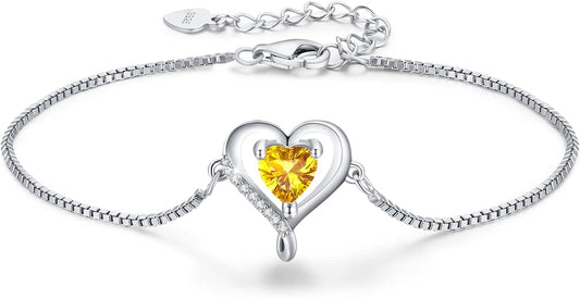 LAVUMO Love Heart Bracelets for Women 925 Silver Charm Birthstone Bracelet Adjustable Anniversary Birthday Jewelry Gifts for Women Girlfriend Wife Daughter Mom Her