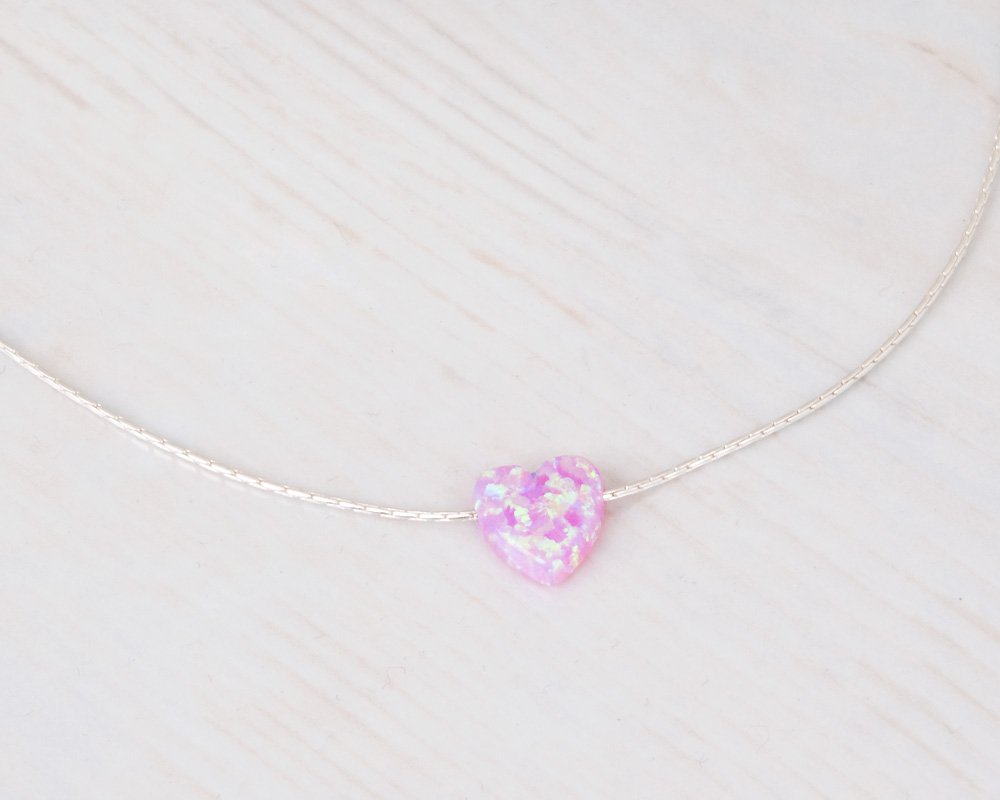 Pink Opal Heart On Thin Sterling Silver 925 Choker Necklace - Handmade Minimal Necklace For Women- Length: 13.5 inch + 3 inch Extender (sterling silver, pink)