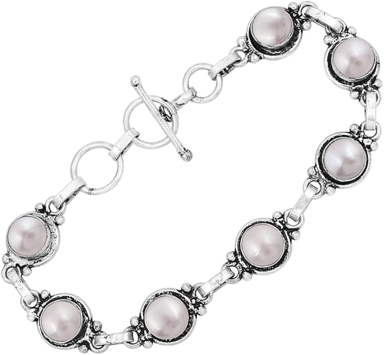 Round Shape Natural & Synthetic Gemstones Silver Plated Bracelets for Women - Vintage Bohemian Style Handmade Birthstone Adjustable Link Bracelet Jewelry Gifts for Wedding Anniversary Mother's Day