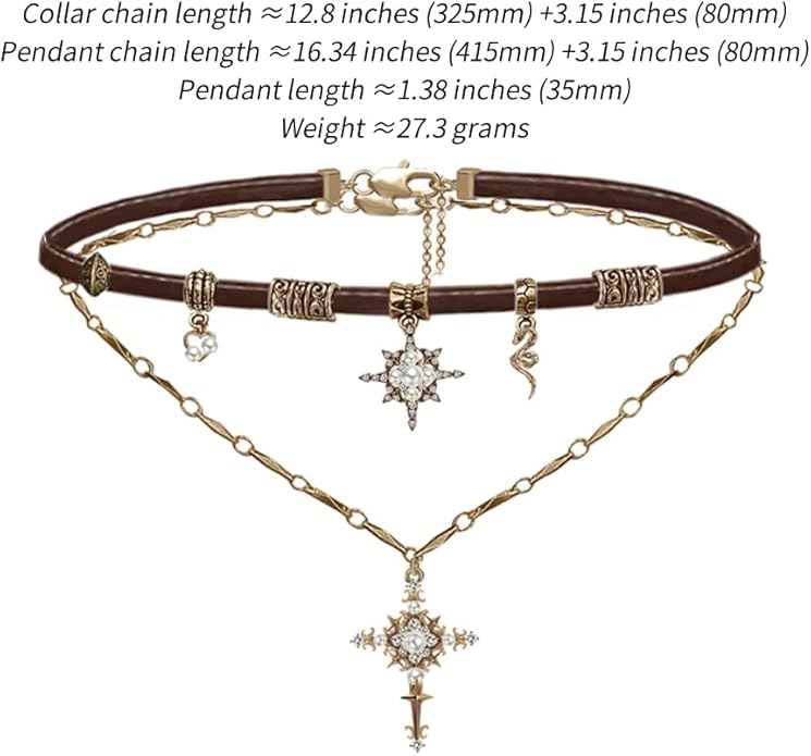 Retro stylish Star Cross Pendant Necklace Faux Leather Women's Collar Personalized Double Layer Necklace M2592