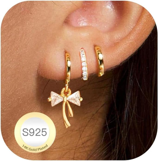 DORANA Valentines Day Gift 3 Pairs 925 Sterling Silver Earrings for Women Girls Non Tarnish Small Hypoallergenic Huggie Hoops Cartilage Stack Earring Sets for Multiple Piercing