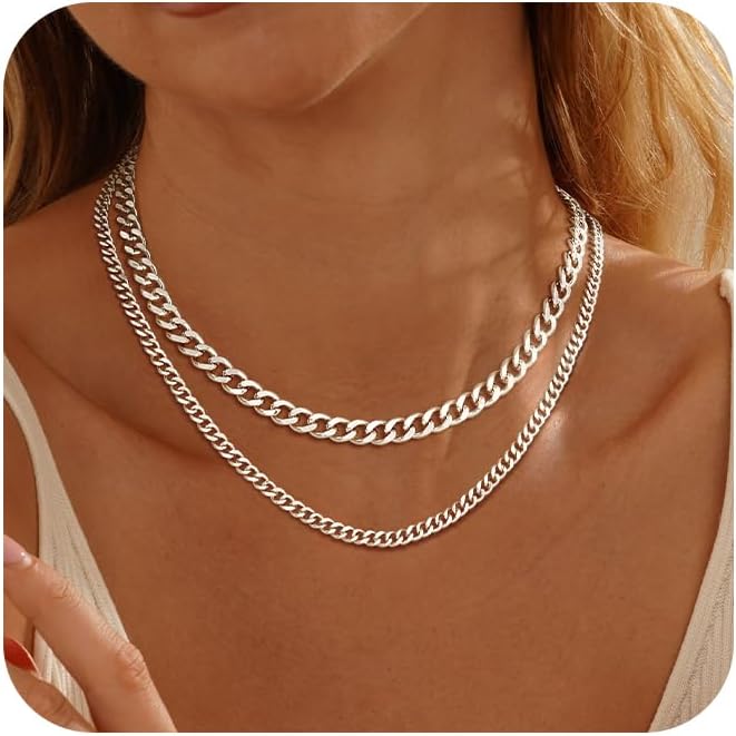 Moodear Layered Necklace for Women Trendy Chunky 14K Gold Plated/Sliver Plated Chain Necklace Cuban Link Paperclip Chain Toggle Clasp Necklace Fashion Jewelry