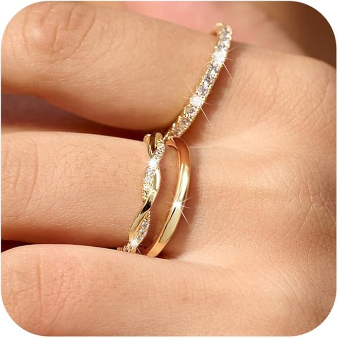 DEARMAY Stackable Gold Plated Rings for Women Non Tarnish, Dainty 14K Gold Diamond Rings Set Thumb Fashion Thin Cubic Zirconia Pack Simple Unique Statement Rings Jewlery 5/6/7/8/9/10