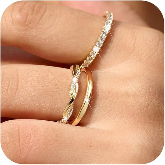 DEARMAY Stackable Gold Plated Rings for Women Non Tarnish, Dainty 14K Gold Diamond Rings Set Thumb Fashion Thin Cubic Zirconia Pack Simple Unique Statement Rings Jewlery 5/6/7/8/9/10
