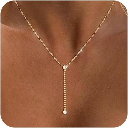 Gold Necklace for Women Trendy Lariat Y Necklace Dainty 14k Gold Plated/Silver Long Necklaces for Women Layered Beaded Drop Necklaces Simple Y-Shaped Chain Jewelry Gifts