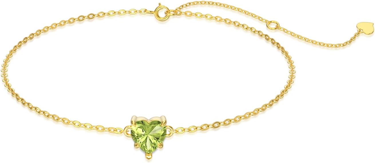 14k Gold Love Heart Gemstone Bracelet for Women,7MM Heart-cut Created Birthstone Anniversary Birthday Mother's Day Bracelets Jewelry for Mom Her 6.5''+2''