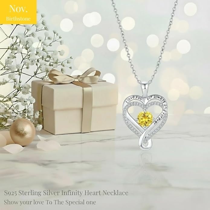 Birthstone Infinity Heart Necklace for Women Wife Girlfriend Mom Daughter Gifts S925 Silver Jewelry For Anniversary Rose Gold Gifts For Birthday Christmas Mothers Valentines Day