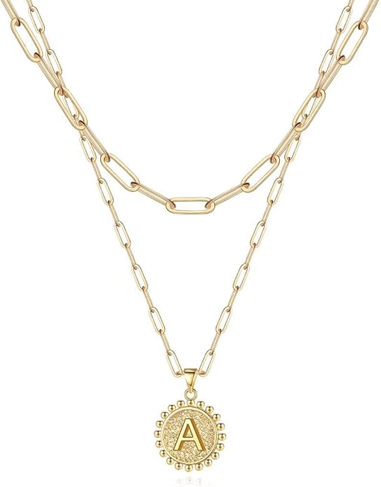 Ursteel Layered Initial Necklaces for Women, 14K-Gold-Plated Dainty Layering Paperclip Chain Necklaces for Women Jewelry