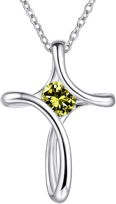 NINAMAID Cross Necklace for Women, 925 Sterling Silver Birthstone Necklace for Women with Diamond Sideways Cross Necklaces Birthstone Jewelry Birthday Gifts for Womens