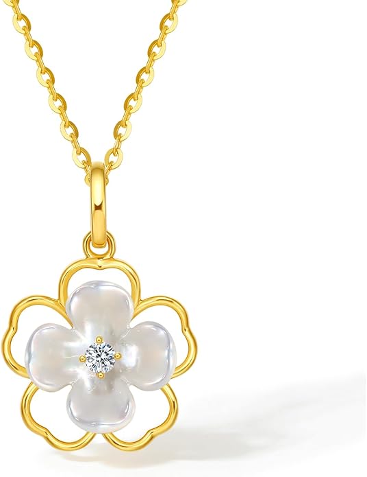 ZHOU LIU FU 18K Gold Hollow Floral Pendant with Mother of Pearl and Diamond Accents Delicate Jewelry Wedding for Bridge (Not Include Necklace) J0411914