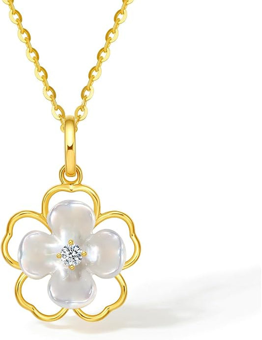 ZHOU LIU FU 18K Gold Hollow Floral Pendant with Mother of Pearl and Diamond Accents Delicate Jewelry Wedding for Bridge (Not Include Necklace) J0411914