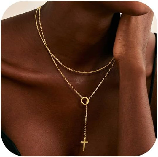 LOVELUCK Long Lariat Necklace for Women,Dainty Layered Y-Shaped Necklaces 14k Gold/Silver Plated Drop Chain Trendy Christmas Jewelry Gifts