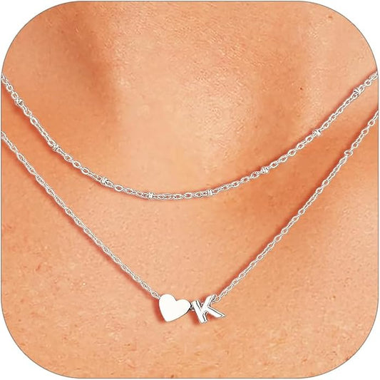 FOCALOOK Layered Initial Necklace for Women, 14K Gold Plated Choker Necklaces Stacks with Initial A-Z, Dainty Silver Heart Pendant Necklace Personalized Birthday Women Jewelry