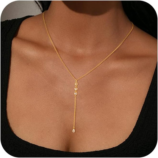 Lariat Gold Necklaces for Women Trendy Dainty Long Necklace 14k Gold Plated/Silver Layered Drop Beaded Chain Necklaces Y-shaped Pendant Necklace Simple Gold Jewelry Gifts