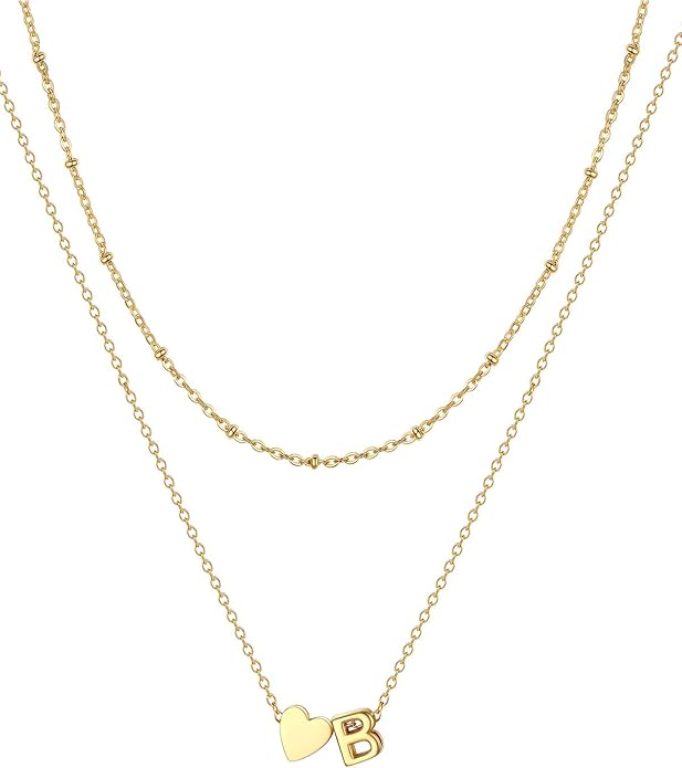 FOCALOOK Layered Initial Necklace for Women, 14K Gold Plated Choker Necklaces Stacks with Initial A-Z, Dainty Silver Heart Pendant Necklace Personalized Birthday Women Jewelry