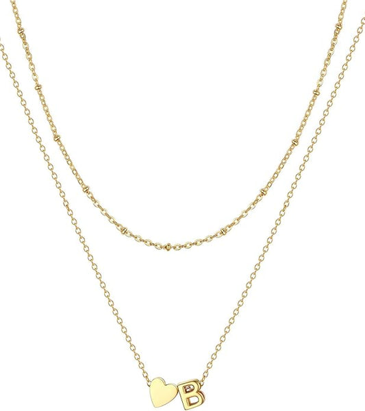 FOCALOOK Layered Initial Necklace for Women, 14K Gold Plated Choker Necklaces Stacks with Initial A-Z, Dainty Silver Heart Pendant Necklace Personalized Birthday Women Jewelry