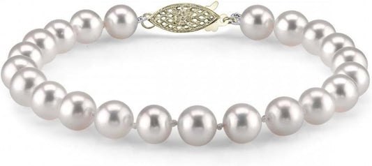 The Pearl Source White Freshwater Pearl Bracelet for Women - Cultured Pearl Bracelet in 14k Gold Plated Sterling Silver Clasp with Genuine 7-8mm Cultured Pearls