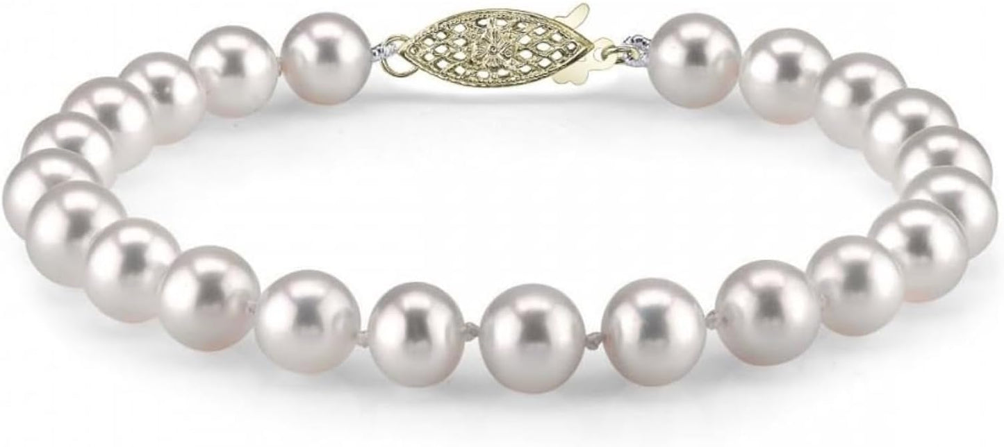 The Pearl Source White Freshwater Pearl Bracelet for Women - Cultured Pearl Bracelet in 14k Gold Plated Sterling Silver Clasp with Genuine 7-8mm Cultured Pearls