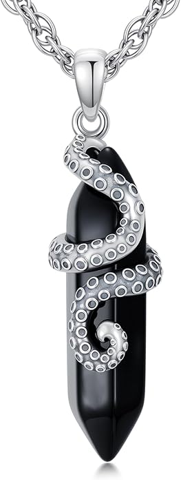 OHAYOO Octopus Tentacles Necklace 925 Sterling Silver Octopus Pendent Necklace Wrapped Obsidian Octopus Jewelry Gifts for Women