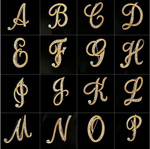 DSADKI A-Z Lette Brooch 26 Initial Pins Gold Plated Metal Brooches - Clear Crystal Rhinestone Brooch Breastpin for Women