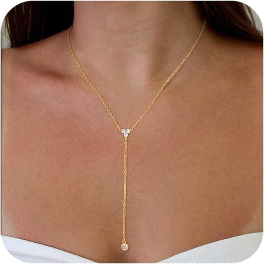 Lariat Gold Necklaces for Women Trendy Dainty Long Necklace 14k Gold Plated/Silver Layered Drop Beaded Chain Necklaces Y-shaped Pendant Necklace Simple Gold Jewelry Gifts