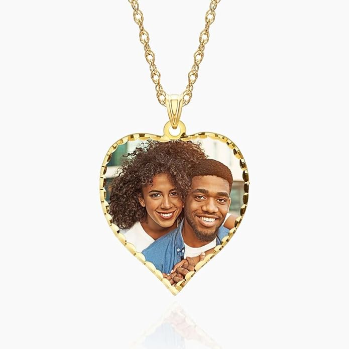 PicturesOnGold.com Personalized Photo Engraved Heart Shaped Picture Necklace with Diamond Cut Edge in Silver, Gold, White Gold or Rose Gold - 1 Inch x 1 Inch