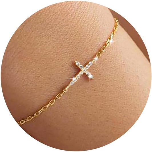 Moodear Christmas Gifts Sotcking Stuffers, Dainty 925 Sterling Silver/14k Gold Plated CZ Cross Bracelet Layered Snake Pearl Chain Knot Bracelets for Women Trendy Religious Christian Jewelry