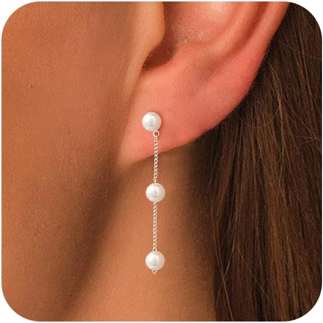 Moodear Dainty Pearl Dangle Earrings for Women - Trendy 14K Gold Plated Pearl Hypoallergenic Drop Earring Wedding Jewelry Gift