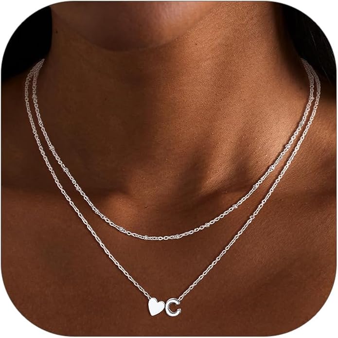 FOCALOOK Layered Initial Necklace for Women, 14K Gold Plated Choker Necklaces Stacks with Initial A-Z, Dainty Silver Heart Pendant Necklace Personalized Birthday Women Jewelry