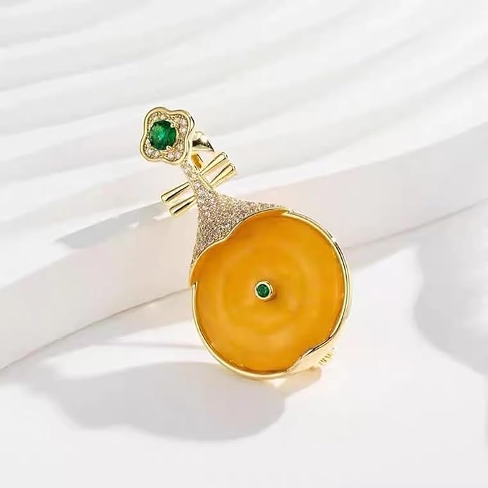 14K Gold Pipa-Shaped Brooch with Moissanite Accents - Elegant Chinoiserie Handcrafted Jewelry, Unique Shawl Pin for Women, Ideal Gift for Birthdays and Special Events